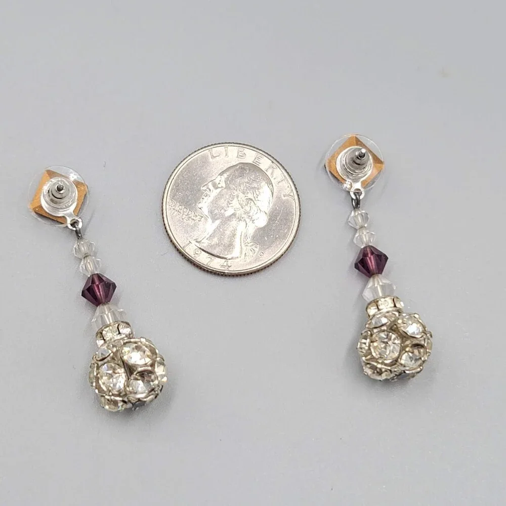Vintage Purple Rhinestone Pierced Earrings Silver tone Bead Dangle 1.75" - Picture 9 of 9